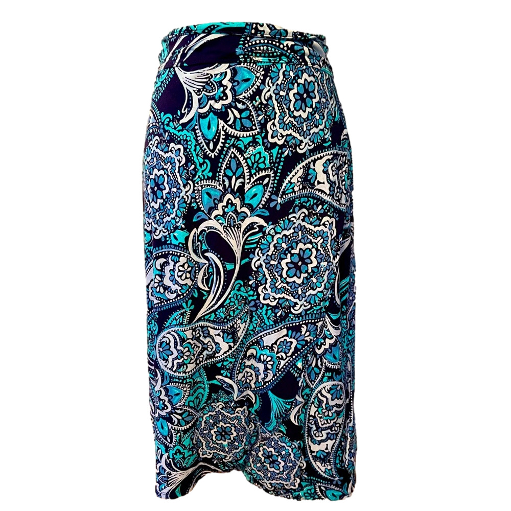 KENAR Bohemian Wrap skirt with a scalloped hem in shades of blue & white size S